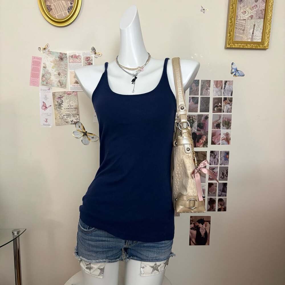 Quality Goods Navy Blue Cotton Scoop Neck Tank Top Size M